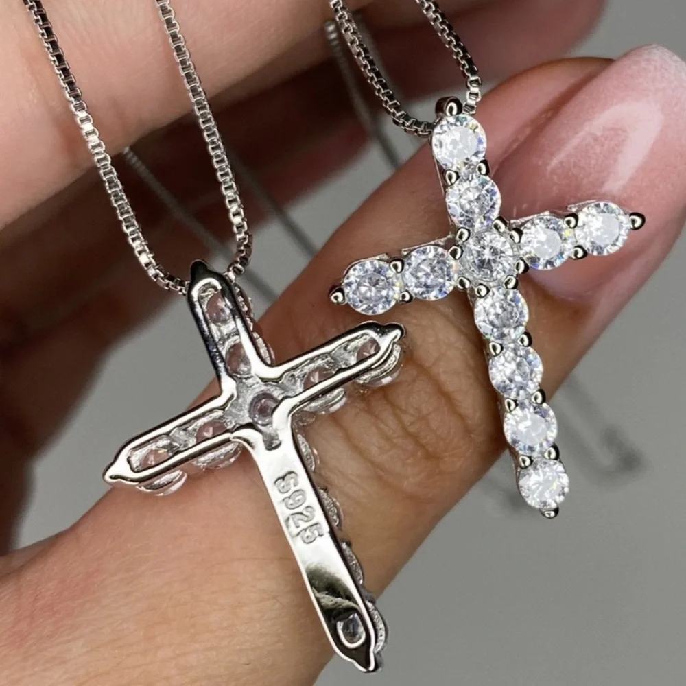 NEW CROSS 925 STERLING SILVER DIAMOND NECKLACE, NICE NECKLACE, CUTE NECKLACE - Picture 2 of 6